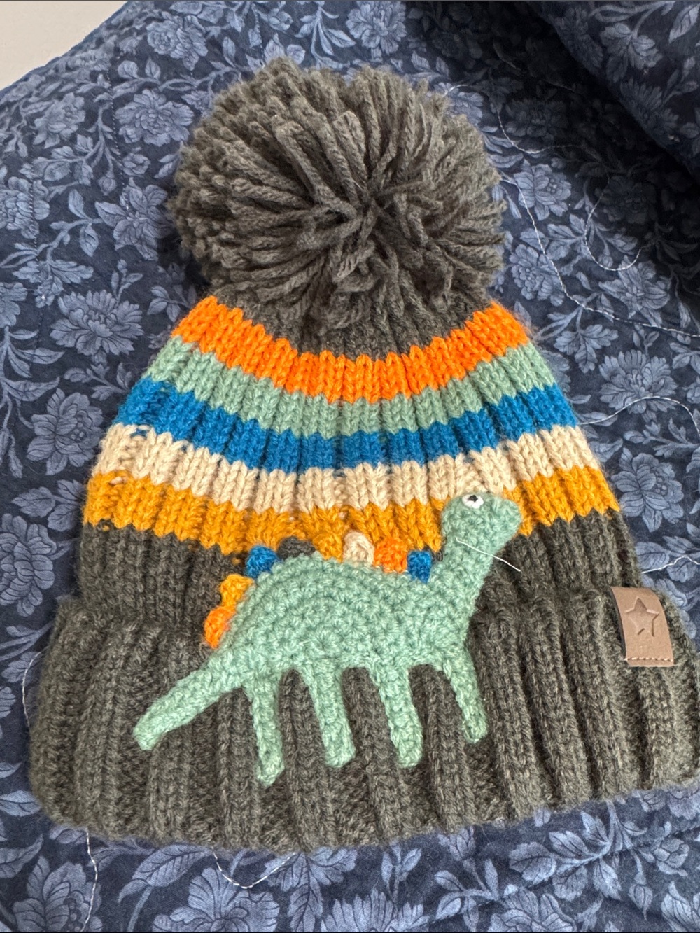 Next Direct Kids Charcoal Pom Beanie with Mint Dinosaur 6-12 month
